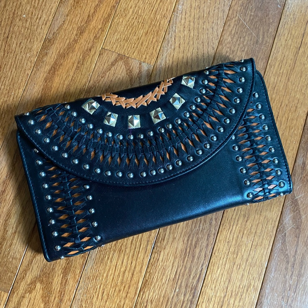Black leather studded wallet/clutch